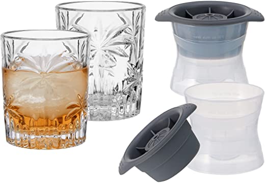 Mikasa Craft Cocktail Whiskey Rocks Glasses with 2 Ice Ball Sphere Molds, Set Of 2, Clear