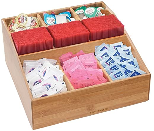 Mind Reader Coffee Condiment and Accessories Caddy Organizer with 9 Organizing Compartments, Bamboo Brown