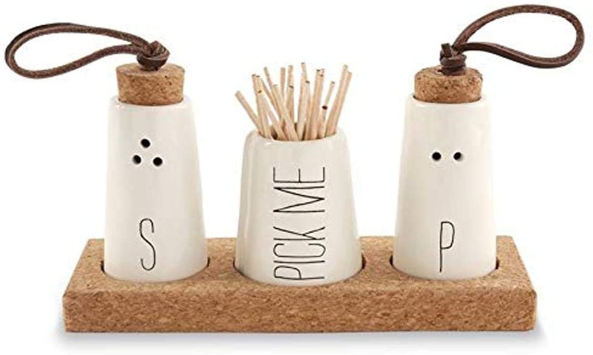 Mud Pie, Off-White Salt, Pepper & Toothpick Holder, Size: tray 2″ x 6″ | shakers 2 3/4″ x 1 1/2″ dia