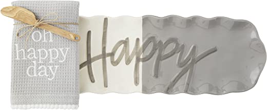 Mud Pie, White/Gray, Happy Hostess Set, Tray 4.75″ x 15″ | Spreader 5″ | Towel 26″ x 18″, 4 3/4″ x 15″