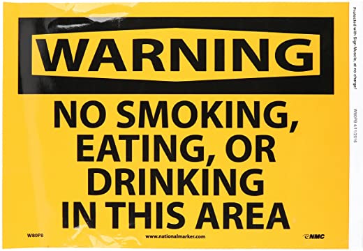 NMC W80PB WARNING – NO SMOKING, EATING, OR DRINKING IN THIS AREA Sign –– 14 in. x 10 in. PS Vinyl Signage with Adhesive Backing, Black on Orange