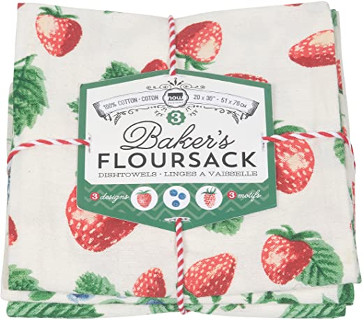 Now Designs Berry Patch Cotton Floursack Kitchen Dish Towels 20 x 30in, Set of 3