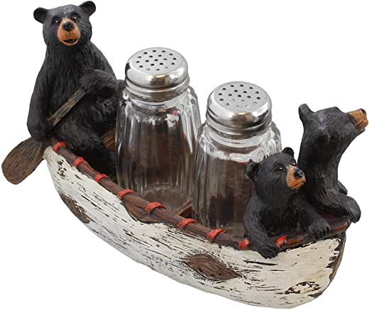 Old River Outdoors Three Black Bears Canoeing Salt & Pepper Set – Rustic Cabin Canoe Cub Decor