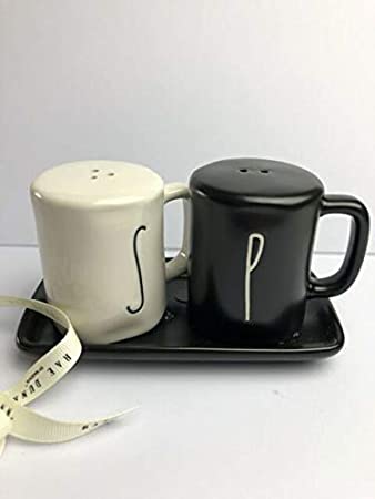 Rae Dunn By Magenta 3 Piece S & P Mug Shaped Ceramic LL White Salt & Black Pepper Shakers With Black Ceramic Tray