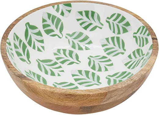 SARO LIFESTYLE Clementina Collection Leaves Enamel Wood Bowl, 10″, Green