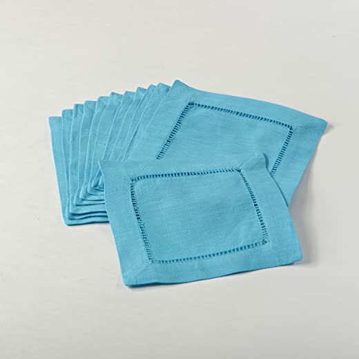 SARO LIFESTYLE Everyday Collection Hemstitched Cocktail Napkin (Set of 12), 6″, Turquoise, 12 Pieces