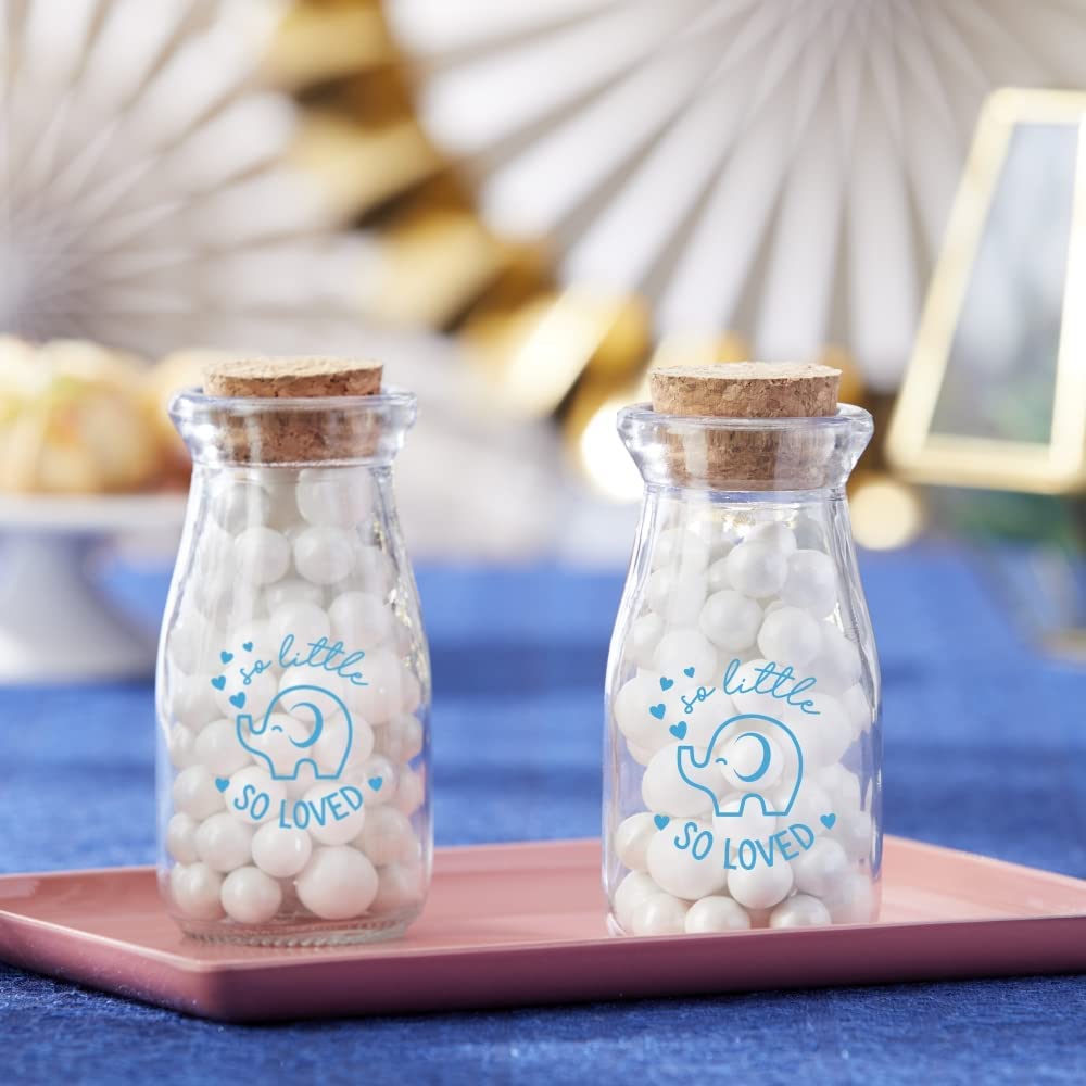 “So Little So Loved” Blue Elephant Vintage Milk Shaped Corked Glass, Baby Shower Party Favor Decorative Bottles, 18 Count