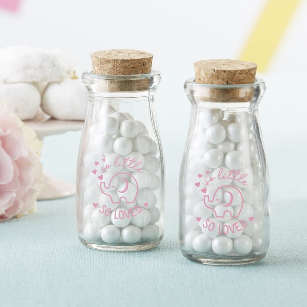 “So Little So Loved” Pink Elephant Vintage Milk Shaped Corked Glass, Baby Shower Party Favor Decorative Bottles, 18 Count
