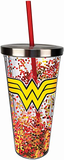 Spoontiques – 21337 Spoontiques Wonder Woman Logo Glitter Cup w/Straw, One Size, Red & Gold