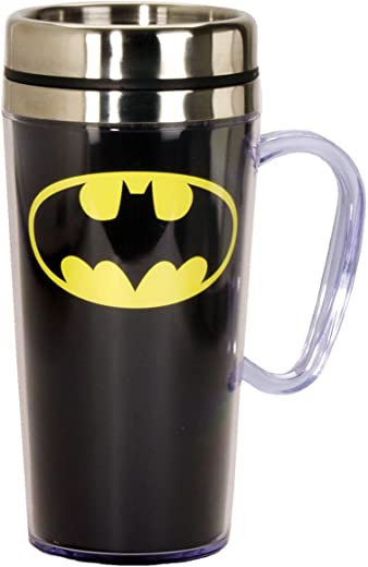 Spoontiques – Insulated Travel Mug – Batman Logo Coffee Cup – Coffee Lovers Gift – Funny Coffee Mug – 15 oz – Black