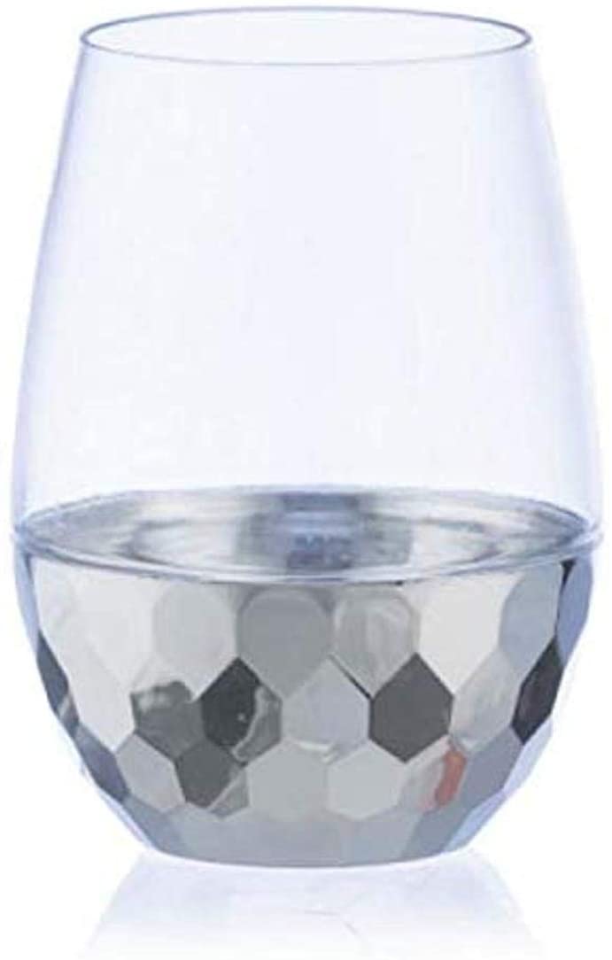 Stemless Wine Goblet | 16 oz. | Silver Hammered Design | Pack of 6