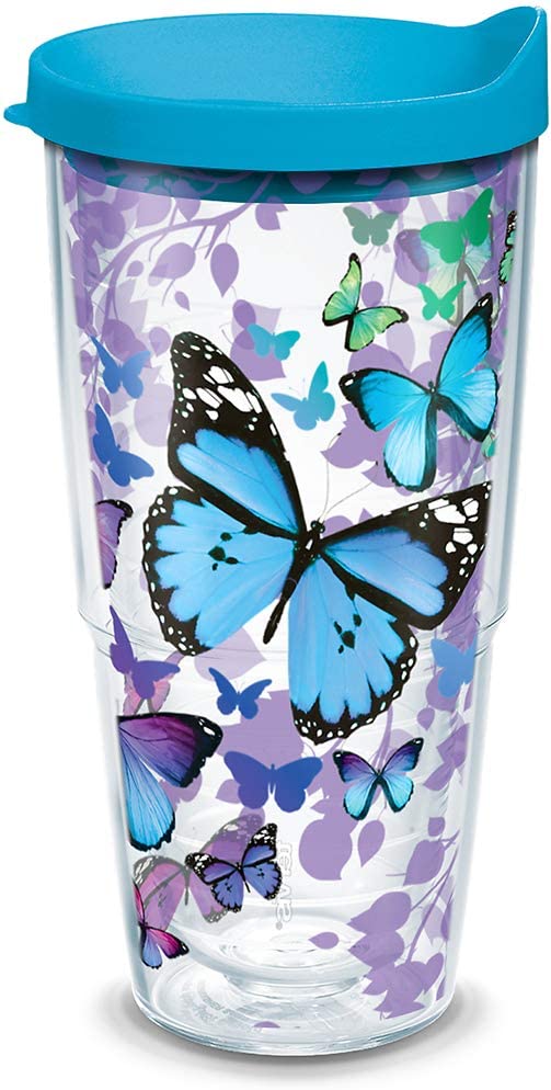Tervis Blue Endless Butterfly Insulated Tumbler with Wrap and Turquoise Lid, 24oz, Clear
