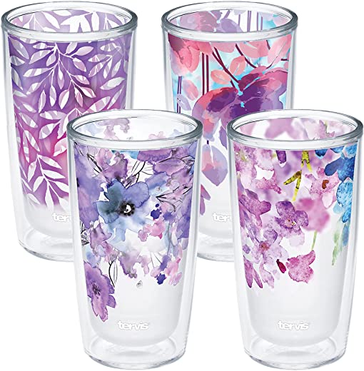 Tervis Watercolor Floral Purple-Crystal Made in USA Double Walled Insulated Tumbler, 16 oz (Pack of 4), Assorted