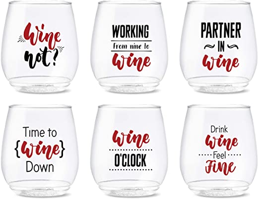 TOSSWARE POP 14oz Vino All About Wine Series, SET OF 6, Premium Quality, Recyclable, Unbreakable & Crystal Clear Plastic Printed Glasses