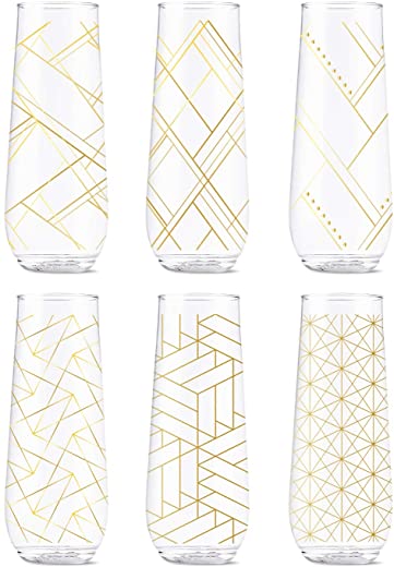TOSSWARE POP 9oz Flute Linear Gold Series, SET OF 6, Premium Quality, Recyclable, Unbreakable & Crystal Clear Plastic Printed Champagne Glasses
