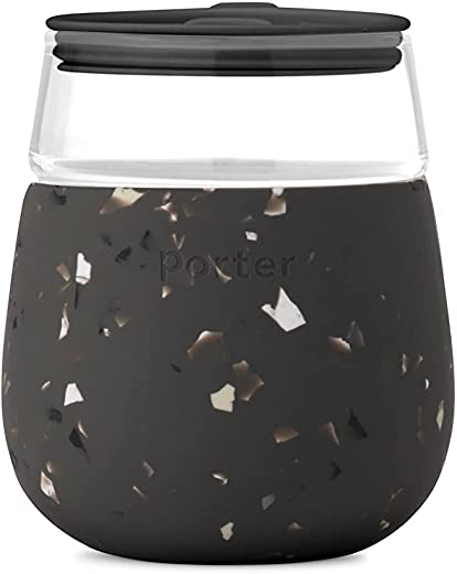 W&P Porter Wine Cocktail Glass w/ Protective Silicone Sleeve | Terrazzo Charcoal 15 Ounces | On-the-Go | Reusable | Portable | Dishwasher Safe