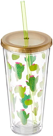 X&O Paper Goods Gold and Green Cactus Acrylic Double Wall Tumbler Cup with Lid and Straw, 20 oz., 4″ W x 7.75″ H