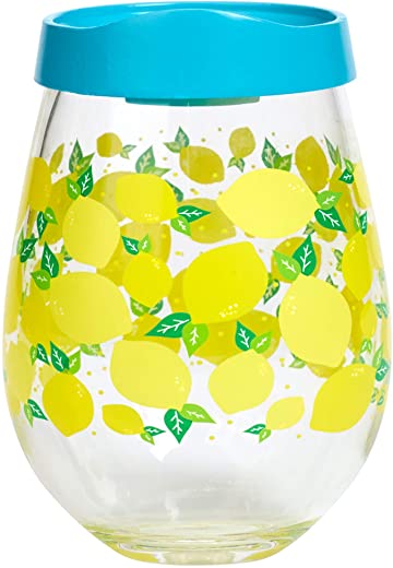 X&O Paper Goods QWG3O-22037 X&O Paper Goods Yellow Lemons Acrylic Stemless Wine Glass with Lid, 12 fl. Oz
