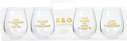 X&O Paper Goods QWGS4-20887 4 Pack Stemless Wine, Fabulous