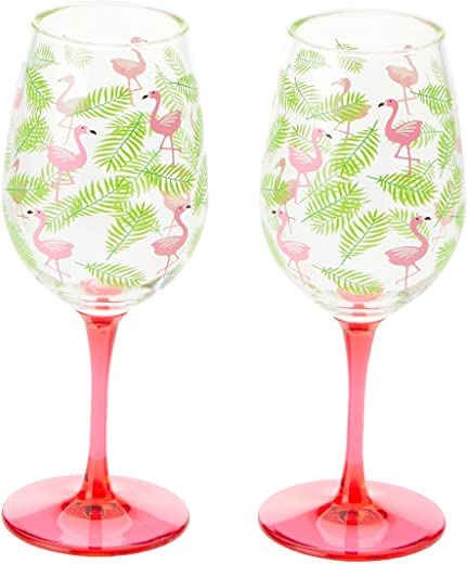 X&O Paper Goods Tropical Pink Flamingo and Palm Leaf Plastic Wine Glass Set, 2pcs, 16 oz., 3.5” W x 8.75” H