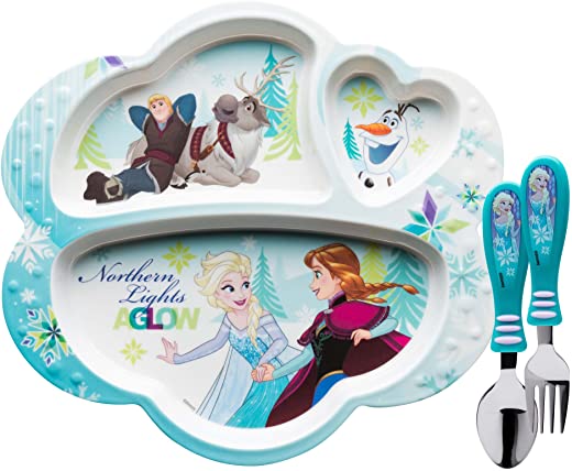 Zak Designs Frozen Dinnerware Melamine 3-Section Divided Plate and Utensil Made of Durable Material and Perfect for Kids, 3 Piece Set, Disney…