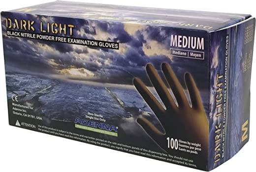 Adenna DLG675 Dark Light 9 mil Nitrile Powder Free Exam Gloves (Black, Medium) Box of 100