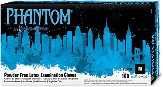 Adenna Phantom 6 mil Latex Powder Free Exam Gloves (Black, Medium) Box of 100