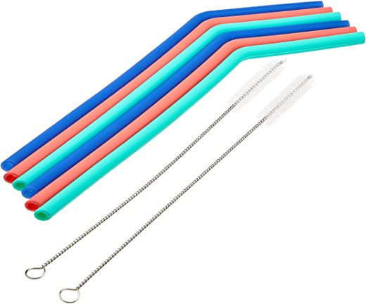 AmazonCommercial Silicone Straws and Cleaning Brushes – Set of (6) Straws and (2) Cleaning Brushes
