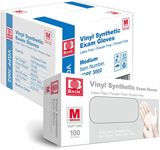 Basic Medical Clear Vinyl Exam Gloves – Latex-Free & Powder-Free – VGPF3002 (Case of 1,000), Medium