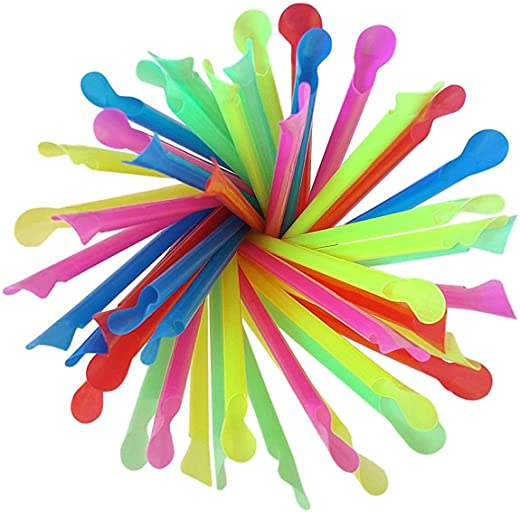 Concession Essentials 8” Unwrapped Snow Cone Spoon Straw Assorted Bright Colors. Pack of 400ct.