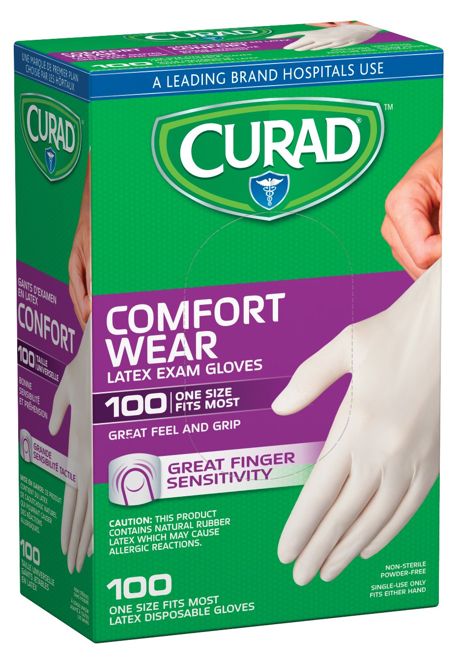 Curad Comfort Wear Latex Exam Gloves, Powder-Free, One Size Fits Most, 100 count