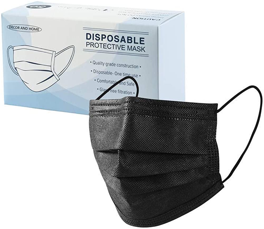 Decor and Home Disposable Face Masks, 50 Pack, Black, 3-Ply, Single Daily Use, Face Mask for Women & Men