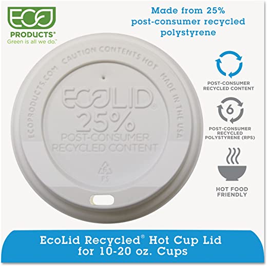 Eco-Products EcoLid 25% Recycled Content Hot Cup Lids, Fits 10 to 20 oz Hot Cups, White, Case of 1000 (EP-HL16-WR)