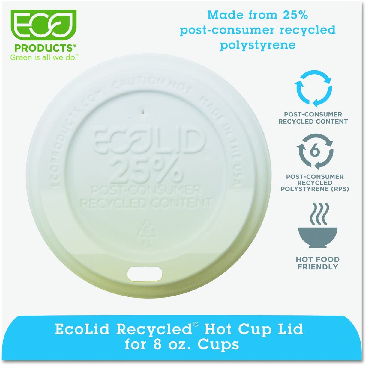 Eco-Products – EcoLid 25% Recycled Content White Hot Cup Lid – Fits 8oz Hot Cup – EP-HL8-WR (10 Packs of 100)