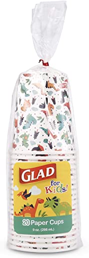 Glad for Kids Dinosaur Paper Cups|20 Count White Paper Cups with Dinosaur Design for Kids|Heavy Duty Disposable Paper Cups for Everyday, 9 Ounces,…