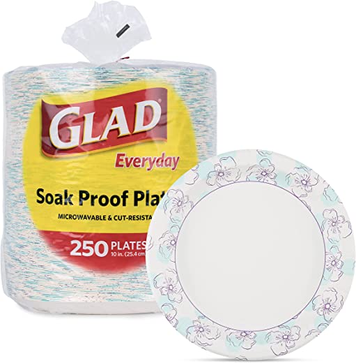 Glad Round Disposable Paper Plates for All Occasions | Soak Proof, Cut Proof, Microwaveable Heavy Duty Disposable Plates | 10″ Diameter, 250 Count…