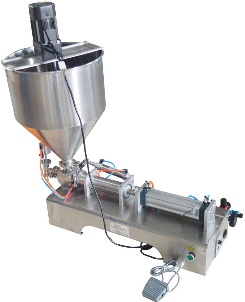 INTBUYING Paste Liquid Fill Machine One Nozzle Piston Filler with Mixing Hopper Bottle Pack Seal 50-500ml
