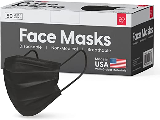 IRIS USA Made in USA Disposable Face Masks – Premium 3Ply Masks for Adults – Breathable & Comfortable – Soft Earloops, Black 50 Pack