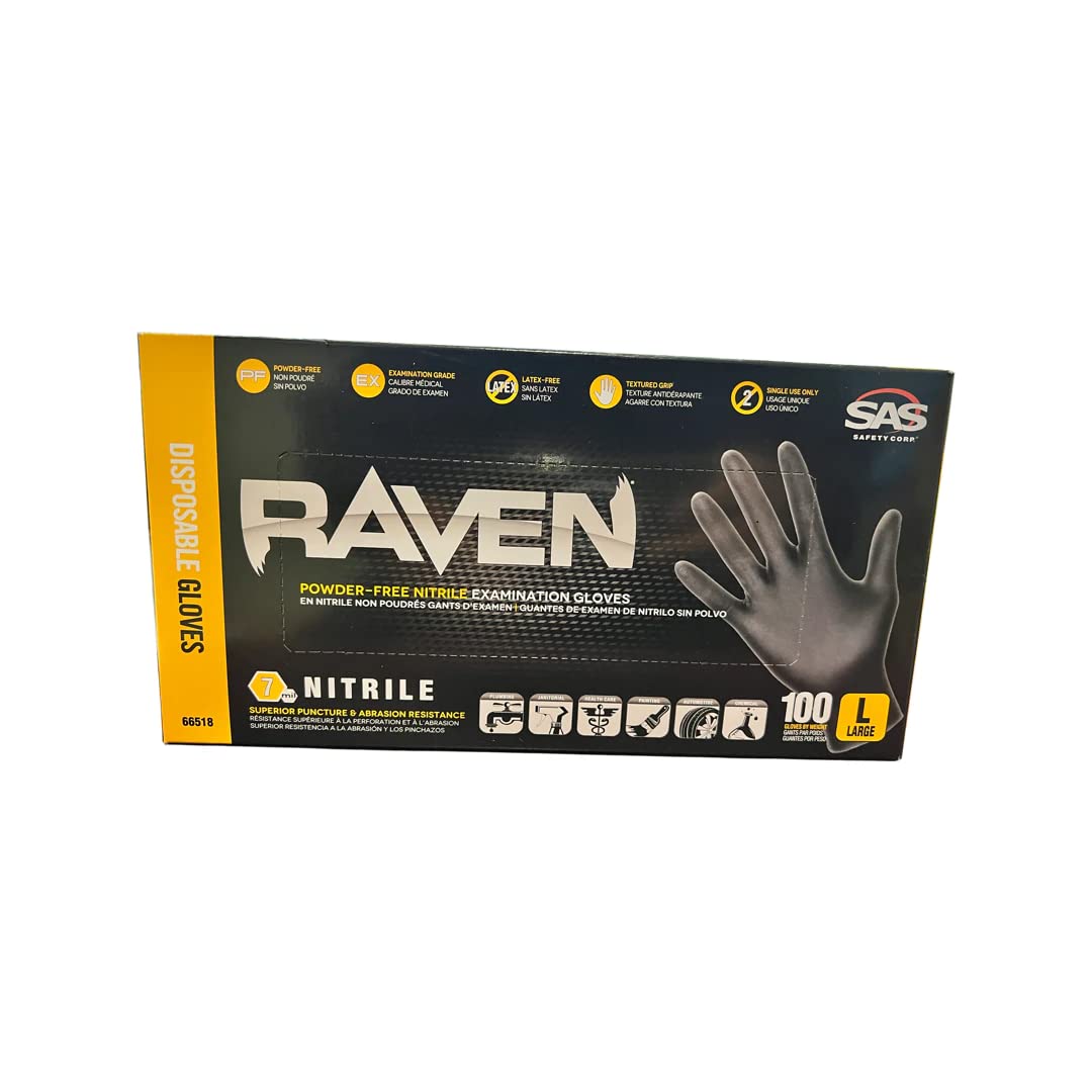 SAS66518 SAS Safety Raven Powder Free Examination Black Nitrile Gloves – Large
