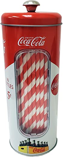 The Tin Box Company Coke Holder Tin with 20 Paper Straws Inside, 3-3/8 x 8-1/4″H, Red and White