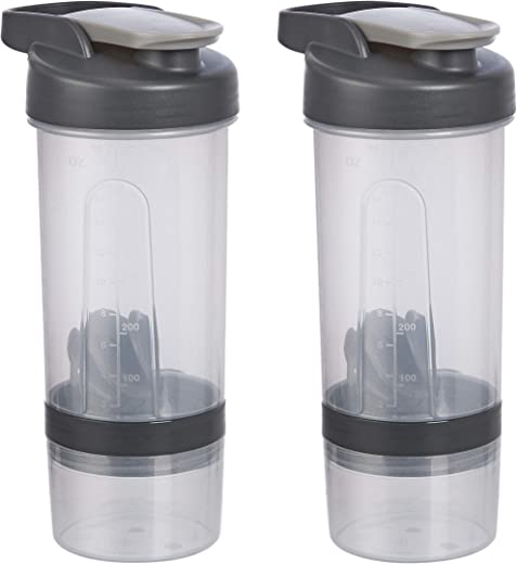 Amazon Basics Shaker Bottle with Mixer Ball – 20-Ounce, 2-Pack, Grey