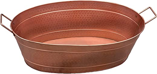 Benjara Oval Shape Hammered Texture Metal Tub with 2 Side Handles, Large, Copper