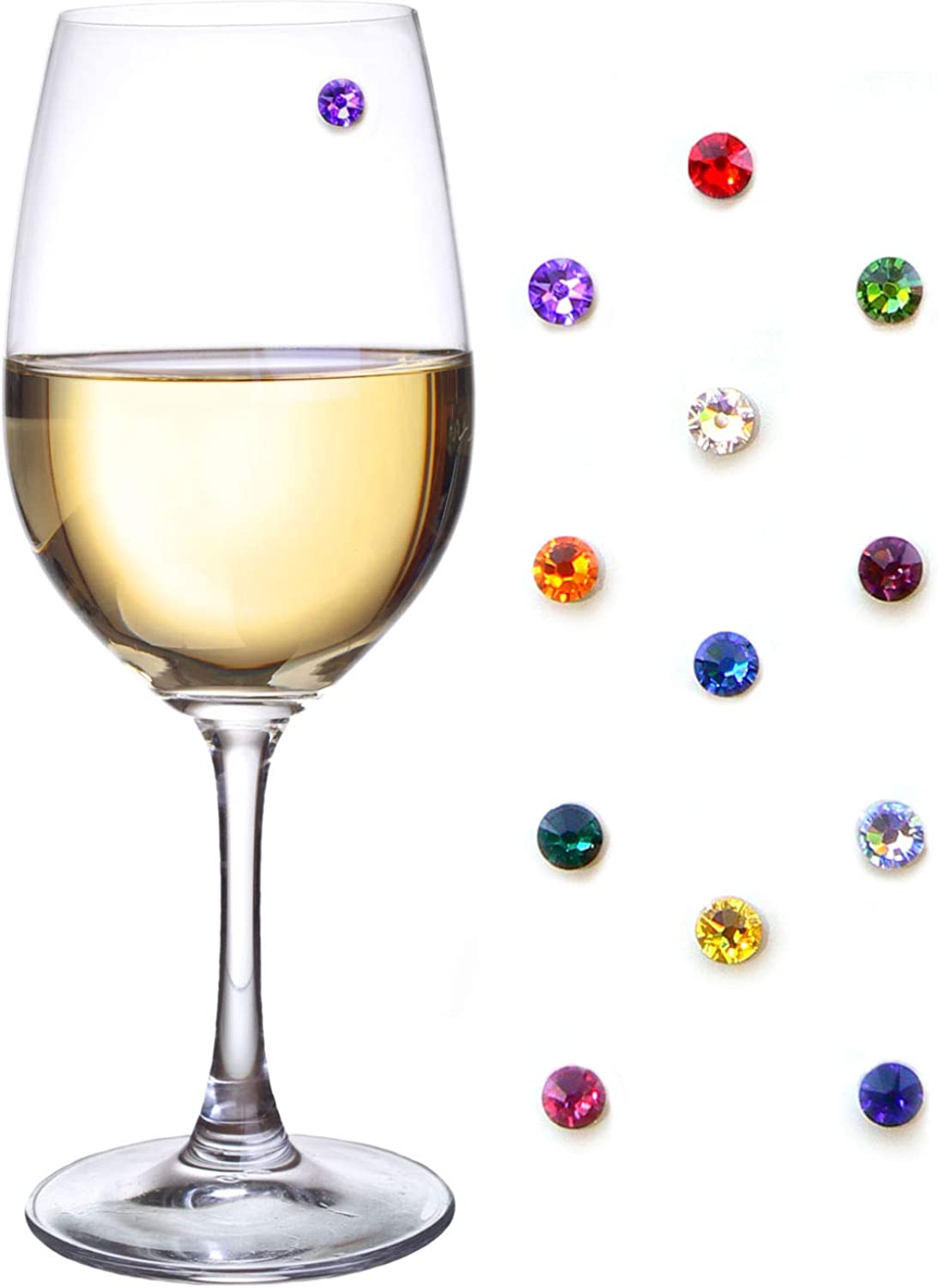 Crystal Magnetic Wine Glass Charms Set of 12 Glass Markers that Work on Stemless Glasses – Gift / Storage Box Included