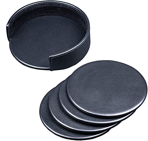 Dacasso Black Leather 4-Round Coaster Set