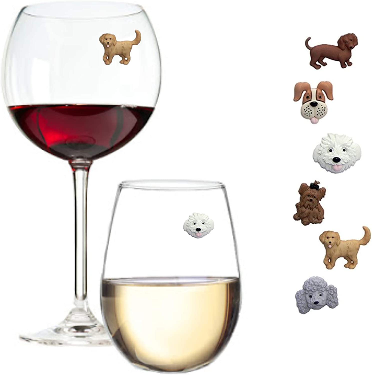 Dog Wine Charms or Magnetic Glass Markers for Stemless Glasses – Great Birthday or Hostess Gift for Dog Lovers – Set of 6 Cute Puppy Glass Identifiers