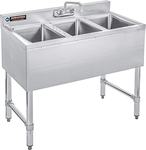 DuraSteel 3 Compartment Stainless Steel Bar Sink with 10″ L x 14″ W x 10″ D Bowl – Underbar Basin – NSF Certified – No Drainboard, Faucet Included…