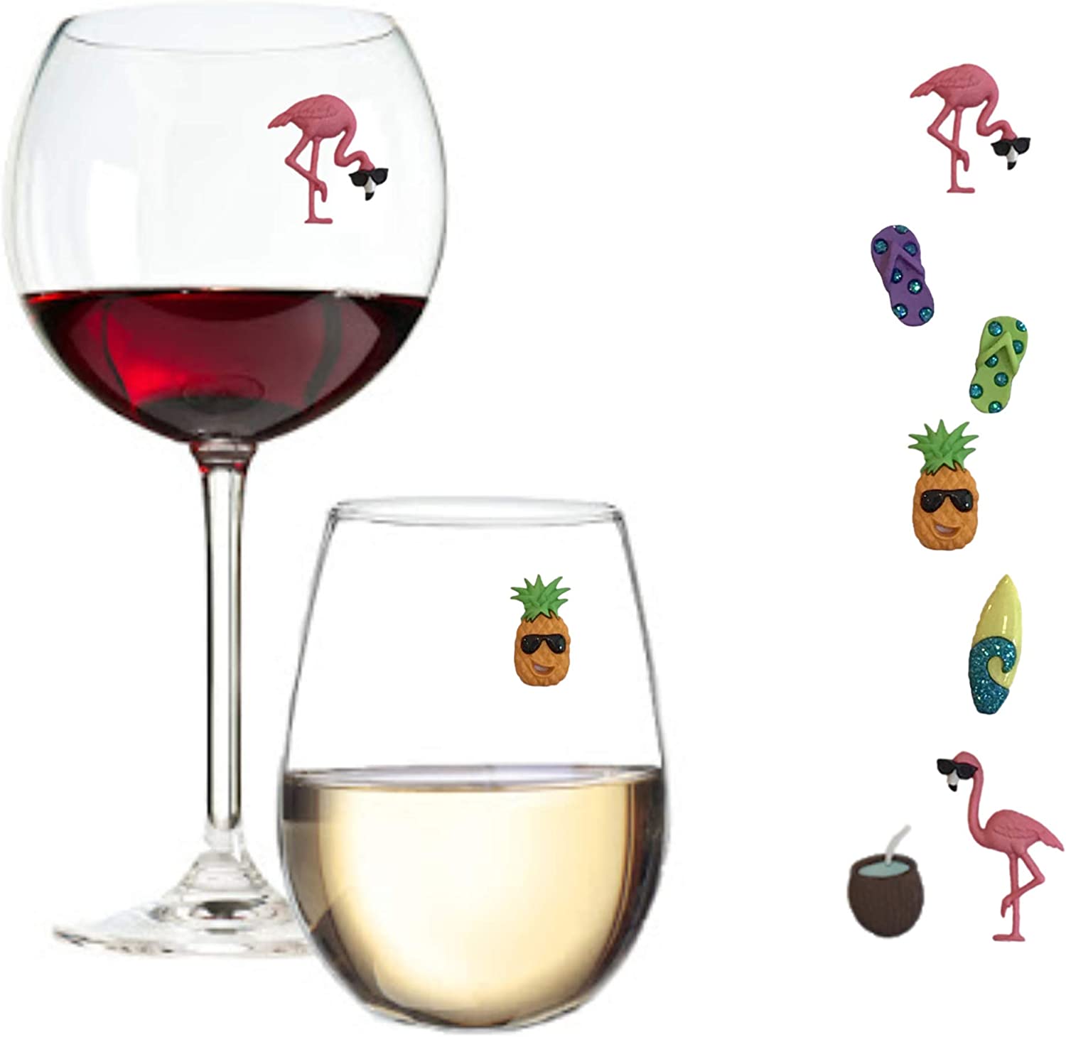 Flamingo Beach Wine Glass Charms – Set of 7 Magnetic Markers or Tags for Stemless or Regular Glassware by Simply Charmed