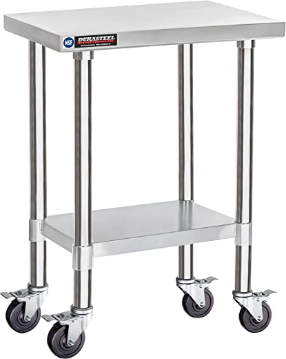 Food Prep Stainless Steel Table – DuraSteel 24 x 18 Inch Metal Table Cart – Commercial Workbench with Caster Wheel – NSF Certified – For…