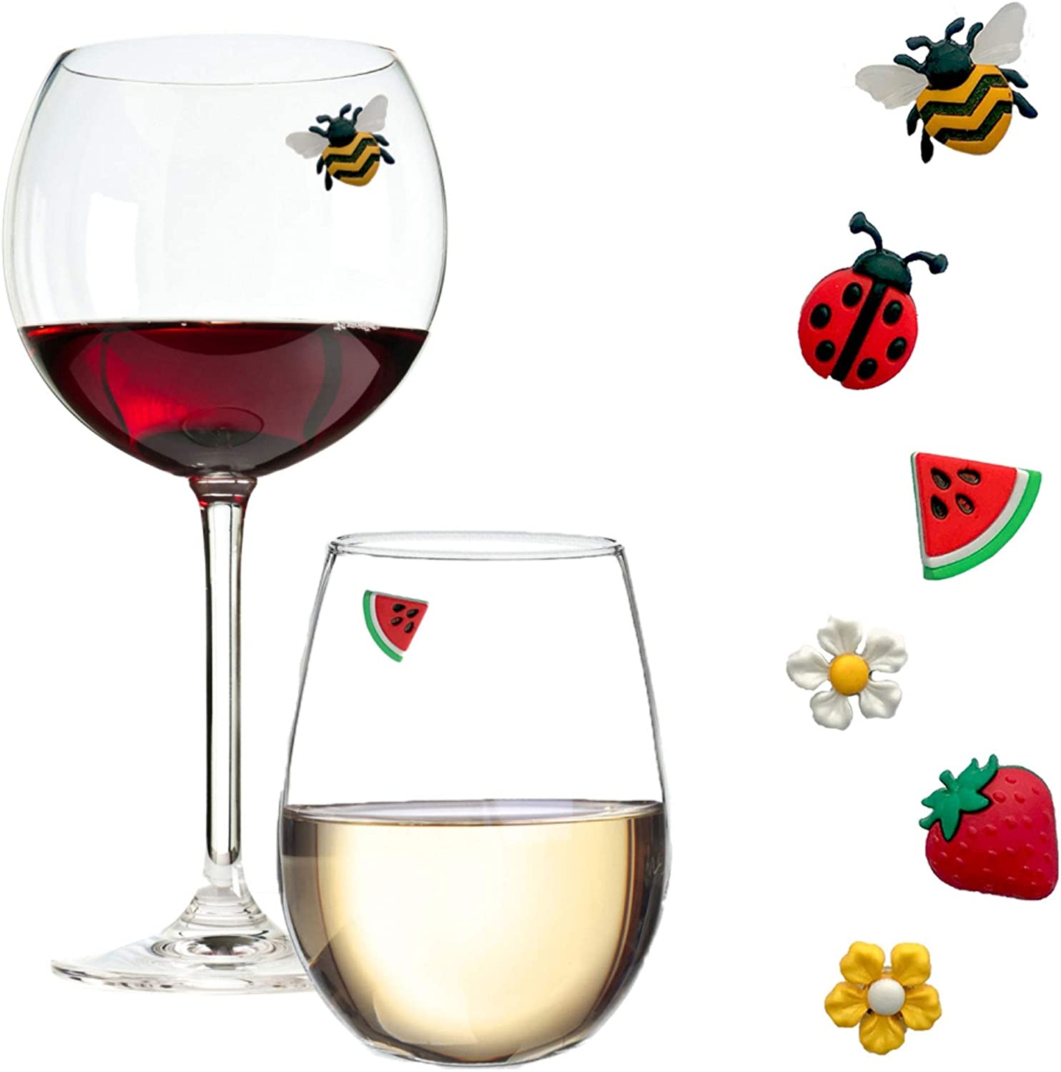 Magnetic Wine Glass Charms with Bee, Strawberry and Flowers Set of 6 Fun Drink Markers or Cocktail Identifiers by Simply Charmed