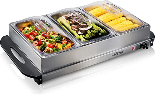 NutriChef 3 Buffet Warmer Server Professional Hot Plate Food Warmer Station , Easy Clean Stainless Steel , Portable & Great for Parties Holiday &…